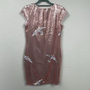 LOB Sequin Dress with Bird Embroidery Mini Shift V Back Sparkle Party Sz S